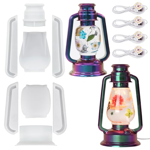 Actvty Kerosene Lamp Resin Mold Set, 2 Shapes Lantern Silicone Molds for Resin Casting, Camping Lantern Molds with 4pcs LED Lights DIY Retro Oil Lamps for Table Fireplace Home Decoration - color: 2 set molds + 4 light sets