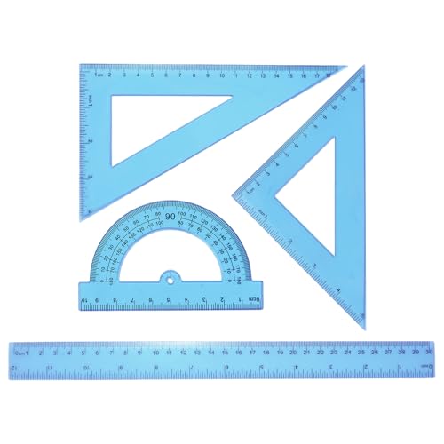 HARFINGTON 4pcs Triangular Ruler Set 30cm Plastic Metric Inch Geometric Protractor Triangle Engineering Scale Drafting Ruler Kit for Office Home, Blue - color: Blue, size: 30cm