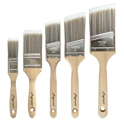 Magimate Wood Paint Brush Set, Angled Flat Assorted Stain Brushes Pack of 5 | Variety paint brushes 1.5" 2" 2.5" angled + 1" 2" flat; for baseboards fence window frame cabinet wood stain & wall touch-ups