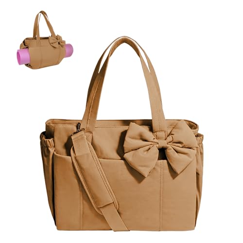 Gosect Women’s Crush Bow Puffer Tote Bag, Water Resistant Laptop Travel Yoga Work Bag - color: Brown