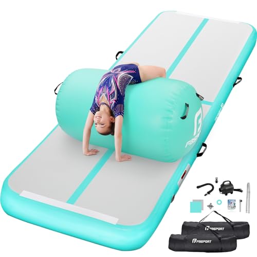 FBSPORT Inflatable Air Gymnastics Mat 4 inches Thickness and Air Roller 40x23.6 inches with Electric Air Pump 10ft/13ft Training Mats for Home Use Cheerleading Outdoor Training Park Yoga Beach - color: Green, size: Mat: 13ft x 3.3ft x 4in | Roller: 39.37i