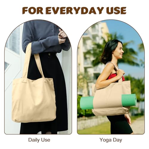 Yoga Mat Carrier, Gym Bag With Yoga Mat Holder, Women Canvas Tote With Shoulder Strap For Pilates, Travel, Office, Sports, Workout And Beach – Inner Zippered Pocket, Fits Standard And Small Mats - color: Beige
