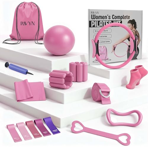 Pilates Kit for Women – 16 Pcs Home Pilates Equipment Set with Magic Circle Ring, Ball, 5 Resistance Bands, Yoga Strap, Ankle Weights, Grip Socks & More | Pilates Starter Kit - color: Pink