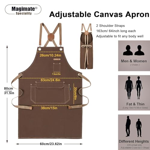 Chef Apron with Cross Back Straps for Men Women, Cotton Canvas Apron for Artists Painting, Kitchen Cooking - color: Brown