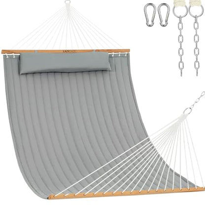 Lazy Daze 12 FT Double Hammock with Spreader Bar for Outside, Light Gray | 2 Person Heavy Duty Hammock with Detachable Pillow and Carabiners for Outdoor Backyard Poolside, 450lbs Weight Capacity - color: Light Gray