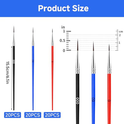 60Pcs Miniature Paint Brushes Set, Fine Detail Liner Brushes (Size 0/00/000), Tiny Paint Brushes Set, Micro Brushes for Acrylic, Watercolor, Scale Models (Red/Blue/Black)