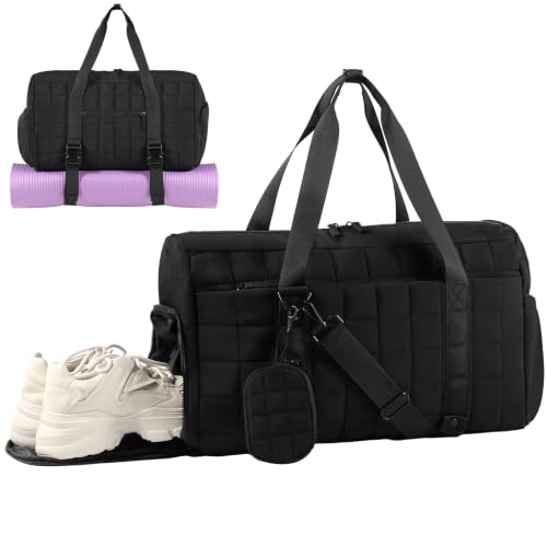 Large Gym Bag for Women, Puffy Sports Duffel Bag with Yoga Mat Holder - color: Black, size: Large