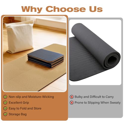 LILXIU Foldable Cork Yoga Mat 72 * 24 in 4 mm Thick Sweat Resistant with Rubber Base Hot Yoga Mat with Storage Bag Lightweight Grip Mats for Travel and Pilates Fitness Home Workouts