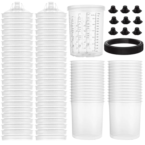 45 Pack Disposable Paint Sprayer Gun Cup Liners and Lid System for Spray Gun, Paint Cups 27 Ounce (800ml) Kit with 45 Mixing Cup Liners, 45 Lids, 20 Plugs, 1 Hard Cup with Retainer Ring