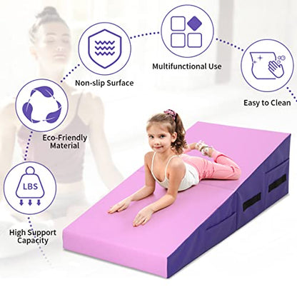 BLKMTY Incline Gymnastics Mat for Kids, 34"x24" Folding Tumbling Cheese Wedge Mats Kids Indoor Exercise Yoga Mat for Gymnastics Home Gym Mats W/Non-Slip PVC Surface and Handle - color: Pink & Purple