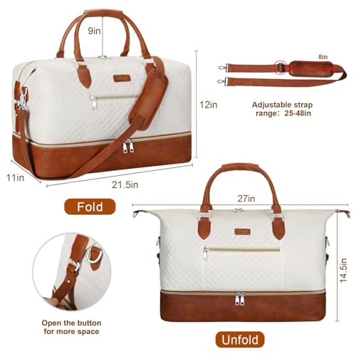 ITIEZY Weekender Bag for Women 21.5" Travel Duffel Large Carry On Bag 3PCS | Nylon Duffel Bag with Waterproof Shoe Compartment, Crossbody Bag and Toiletry Bag, Travel Weekend Hospital Overnight Gym Bag - color: 1-Beige