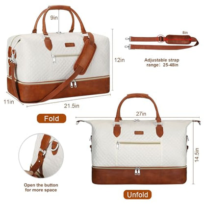 ITIEZY Weekender Bag for Women 21.5" Travel Duffel Large Carry On Bag 3PCS | Nylon Duffel Bag with Waterproof Shoe Compartment, Crossbody Bag and Toiletry Bag, Travel Weekend Hospital Overnight Gym Bag - color: 1-Beige