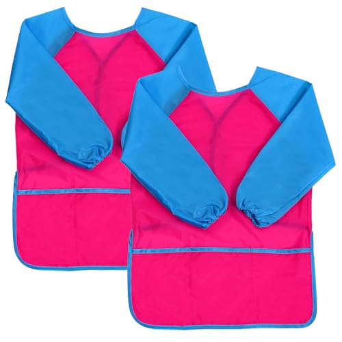 2 Pack Kids Art Smock Waterproof with Long Sleeve and 3 Roomy Pockets Artist Children Aprons for Toddlers Age 3-8 Painting Crafts(Rose Red0 - color: 2 Pack Rose Red