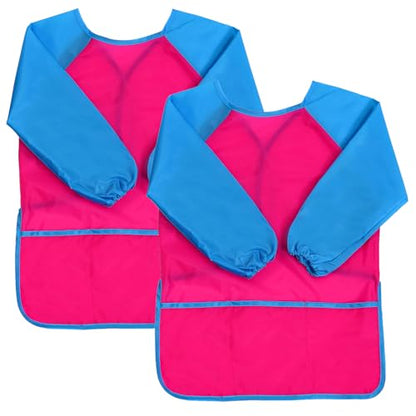 2 Pack Kids Art Smock Waterproof with Long Sleeve and 3 Roomy Pockets Artist Children Aprons for Toddlers Age 3-8 Painting Crafts(Rose Red0 - color: 2 Pack Rose Red
