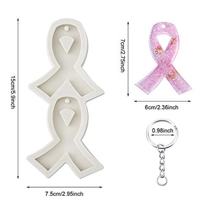 WILLBOND 6 Pcs Breast Cancer Awareness Ribbon Silicone Keychain Mold | Mold with Holes and 10 Pcs Key Rings for DIY Necklace Pendant Earrings Clay Craft Fondant Chocolate Candy