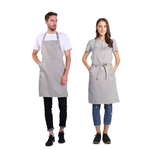 BIGHAS Adjustable Bib Apron with Long Ties for Women Men 18 Colors Chef Kitchen Cooking - color: Light Gray