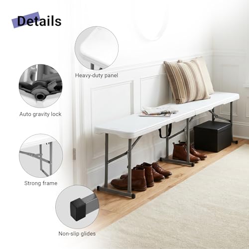Folding Bench 6ft,Portable Plastic Bench Seat with Handle,White,2 Pack - size: 6FT Bench (2PC)