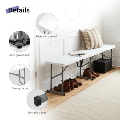 Folding Bench 6ft,Portable Plastic Bench Seat with Handle,White,2 Pack - size: 6FT Bench (2PC)