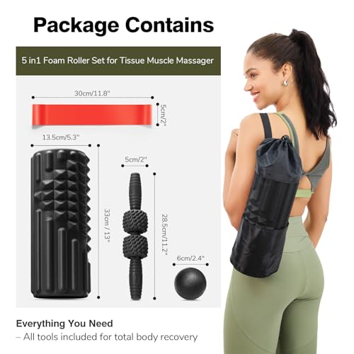5 in 1 Foam Roller Set for Muscle Recovery & Deep Tissue Massage | Textured Grid Foam Roller, Muscle Roller Stick, Massage Ball, Resistance Band for Physical Therapy, Yoga & Pilates, Black - color: Black