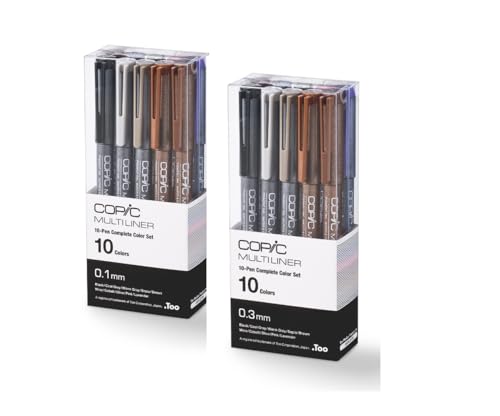 Copic Multiliner Set, 10-Pen Complete Color Set - 0.1mm, Water-based pigment ink (alcohol resistant and becomes waterproof when dry)