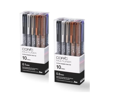 Copic Multiliner Set, 10-Pen Complete Color Set - 0.1mm, Water-based pigment ink (alcohol resistant and becomes waterproof when dry)