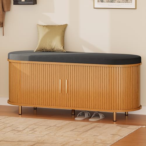 DHH 2-Tier Storage Bench,Wide Shoe Bench with Thickened Padded Seat Cushion, Mid Century Modern Fluted Sliding Door and Adjustable Shelf, for Entryway, Living Room, Bedroom (Yellow Walnut, 43.3“) - color: Yellow Walnut, size: 43.3 inch