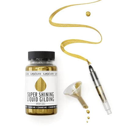 KAMENSKAYA Liquid Gold Leaf Paint - Alcohol Based Fast Drying Bright Gold Liquid Leaf, 3.38 fl oz (100 ml) | Liquid Leaf Paint with Natural Metallic Pigment, Strong Shine, Pen Brush & Funnel, One-Coat Coverage – Made in EU - color: Bright Gold, size: 3.38