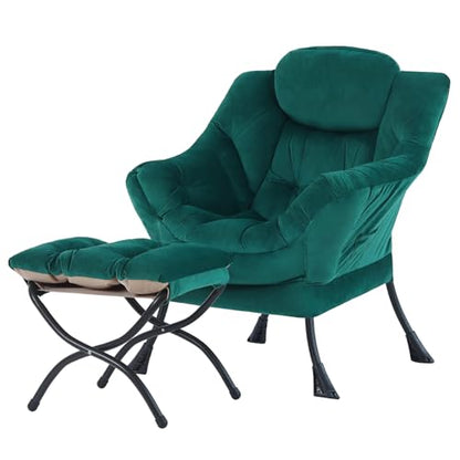 Tiita Lazy Chair with Ottoman, Comfy Reading Accent Chair, Velvet Green | Foldable Footrest, Padded Seat and Backrest, Side Pocket for Lounging in Living Rooms, Bedrooms, Dorms and Small Spaces - color: Green