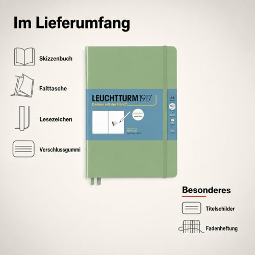 Leuchtturm1917 - Medium A5 Hardcover Sketchbook (Sage) - 112 Pages of 150g/m² Paper - color: Sage, size: Medium (A5)