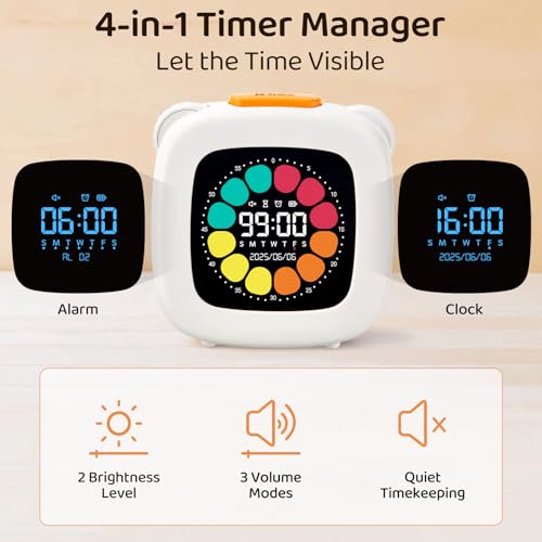 M&G Digital Timer for Kids, 99 Min Visual Timers with Alarm, Rechargeable Kitchen Timer Up to 10 Days, Office Scene Accurate Timing, 3 Sound Modes, Daily Use at Home Classroom