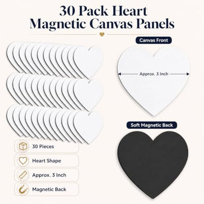 30 Pack Heart Shape Mini Canvas Board 3 Inch | 30 paintable heart canvases with magnetic backing for classroom crafts, party activities, fridge art, and handmade gifts - style: Heart-30 pcs