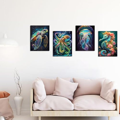 Muzagroo Art 5D Diamond Painting Kits for Adults, DIY Diamond Art Kits for Beginners, Turtle Diamond Dot Kits Gem Arts and Crafts for Living Room, Gem Painting Bedroom 4 PCS Wall Art - color: 06-Marine animals