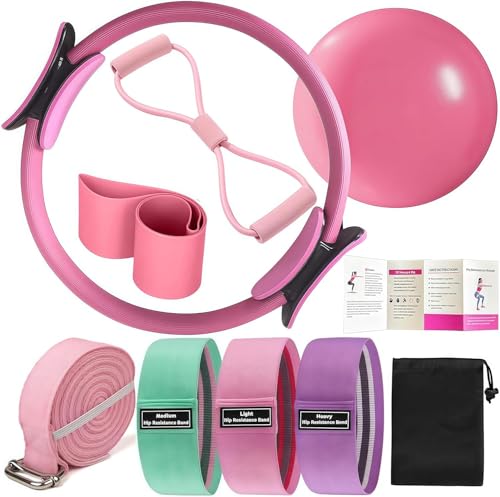 Pilates Ring Kit for Women Home Workouts Better Pilates Essentials Kits Equipments Sets Accessories Magic Ring Booty Bands Glutes Yoga Ball 25cm Figure 8 Resistance Yoga Bands for Stretching 8 Pcs - color: pink