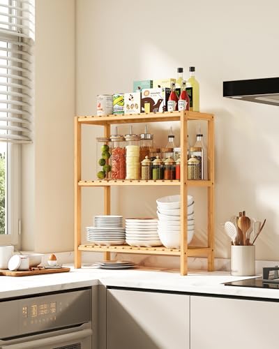 SONGMICS 3-Tier Bamboo Shelf, Freestanding Bathroom Storage Rack - color: Light Bamboo, size: 3 Tiers (10.2"D x 23.6"W x 26"H)