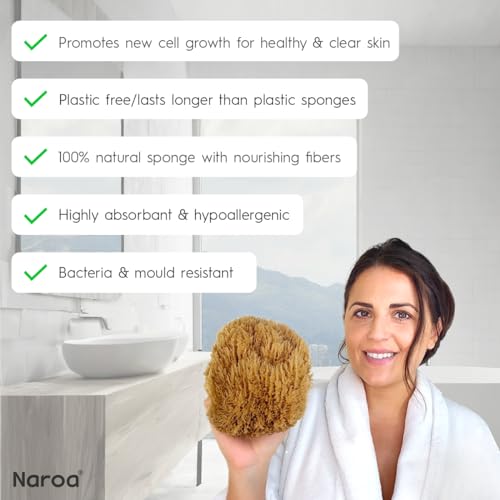 Naroa Exfoliating Natural Sponge for Shower Large | Bath Sea Loofah for Healthy Skin | Unbleached Bathing Body Scrubber Puff | Plastic Free (L)