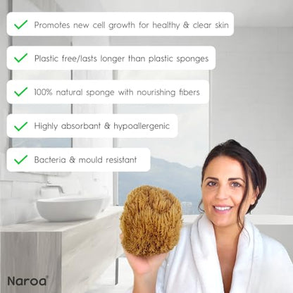 Naroa Exfoliating Natural Sponge for Shower Large | Bath Sea Loofah for Healthy Skin | Unbleached Bathing Body Scrubber Puff | Plastic Free (L)