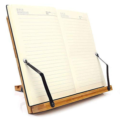wishacc Bamboo Book Stand, Adjustable Book Holder Tray and Page Paper Clips-Cookbook Reading Desk Portable Stable Hard-Wearing Lightweight Bookstand-Textbooks Books - size: 11.0 x 8.1 inches