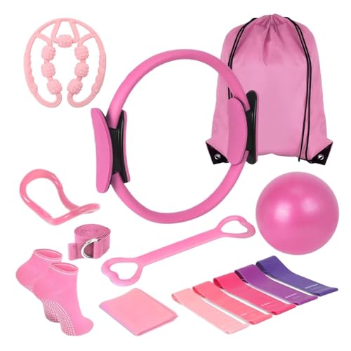 At Home Pilates Kit for Women, Home Workout Pilates Equipment Set with Pilates Ring, Ball, Resistance Band, Resistance Bands, Yoga Strap, Bag, Pilates Essentials Kit for Starter, Beginners - color: Pink
