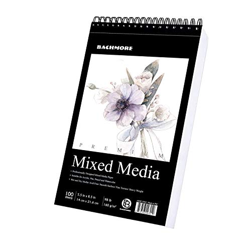 Bachmore Drawing Pad 5.5‘’X8.5''(98lb/160g) 100 Sheets Mixed Media, Watercolor, Acrylic Art Pad for Sketching, Ink Sketchbook, Coloring in Multi-Media Top Spiral Notebook, Micro-Perforated