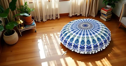 INDIAN CRAFT CASTLE ICC 32 Inch Large Round seat Floor Cushion Cover Chair Ottoman Pouf Pillow Cover Meditation Floor Cushion Covers Seating pouffe Throw Covers Sky Blue - color: Sky Blue