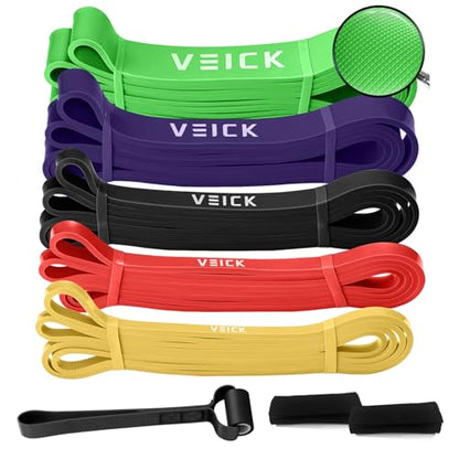 VEICK Pull Up Assist Resistance Bands for Home Gym | 100% Natural Latex, Non Slip Leather Texture, Space Saving, Full Body Training for Men Women - color: Colorful Set of 5 + Hand Grip Pads