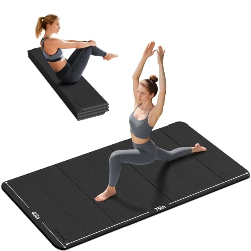 PAIDU Foldable Yoga Mat 10MM Thick 75‘’x40‘“ Quick Fold Easy Storage - color: Black