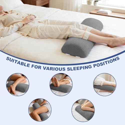 Half Moon Bolster Pillow with Straps, Knee Pillow for Back Sleeping, Under Knee Pillow for Sleeping, Relieves Pain in Legs and Knees, Machine Washable Cover, 24" X 10" X 4", Grey - color: Grey
