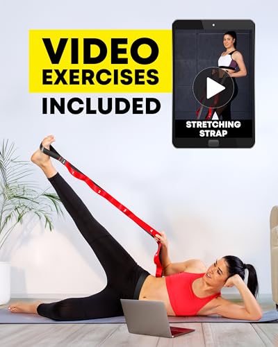 Stretching Strap with Loops - Non Elastic Yoga Strap for Physical Therapy - style: 12 Loops - Red