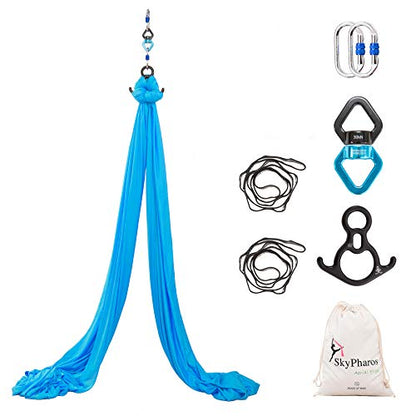 Aerial Silks Yoga Swing Set, Fitness Aerial Yoga Kit | Anti-Gravity Flight Aerial Yoga Hammock Kit; Low/Non Stretch Nylon Tricot Fabric; For Fitness & Dance; Hardware Included - color: 9Yards-Aqua Blue