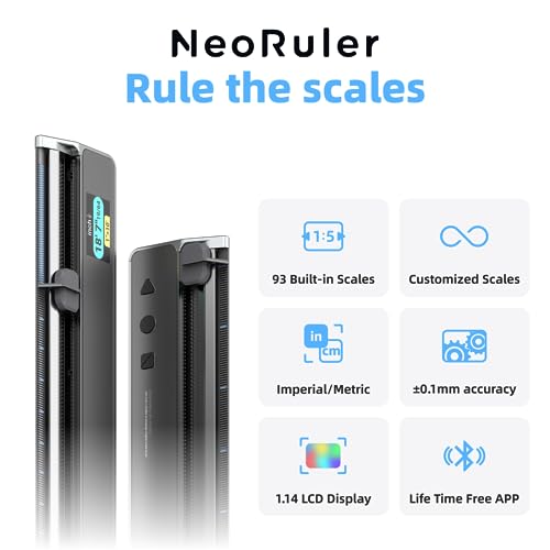 NeoRuler Digital Scale Ruler, 12 inch Smart Scale Ruler with Infinite Customized Scales and ±0.004 inch Accuracy, 93 Built-in US Imperial, Metric Scales, Architectural and Engineering