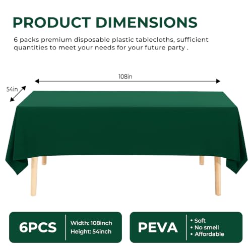 6 Pack Premium Disposable Plastic Tablecloth 54" x 108" Party Table Cloths Disposable for 6 to 8 Foot Tables Indoor or Outdoor Birthdays Weddings Christmas Buffet Table (Dark Green) - color: Dark Green