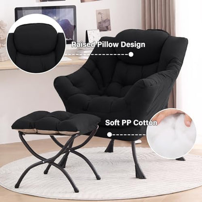 Tiita Lazy Chair with Ottoman, Comfy Reading Accent Chair, Black | Foldable Footrest, Padded Seat and Backrest, Side Pocket for Lounging in Living Rooms, Bedrooms, Dorms and Small Spaces - color: Peach Skin Black