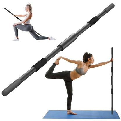 Yoga Stick 58 Inch Sturdy Alloy Steel - Adjustable Stick for Exercise, Stretching, Balance - Versatile Exercise Stick with Non-Slip Ends, Neck Cushion and Adjustable Grip Cushions