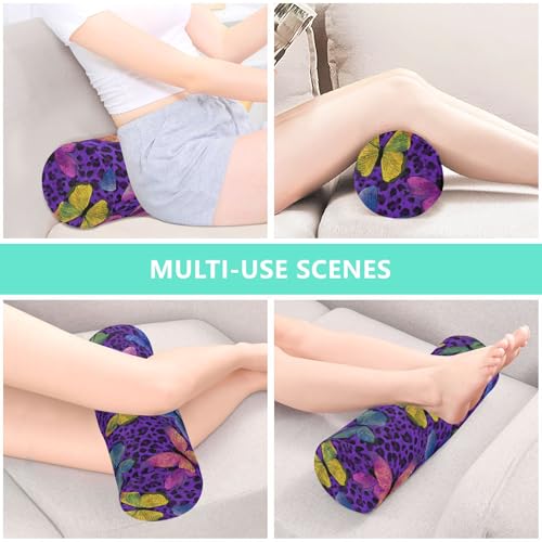 Bolster Pillow Neck Pillow Round Soft Health Memory Foam Pillows Long Cylindrical Body Pillow with Removable Cover Cute Back Yoga Colorful Butterflies and Purple Leopard Print 17" x 5.5" - color: Colorful Butterflies and Purple Leopard Print